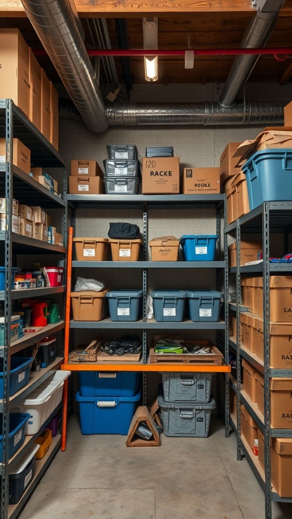 Organized basement storage with shelves and bins