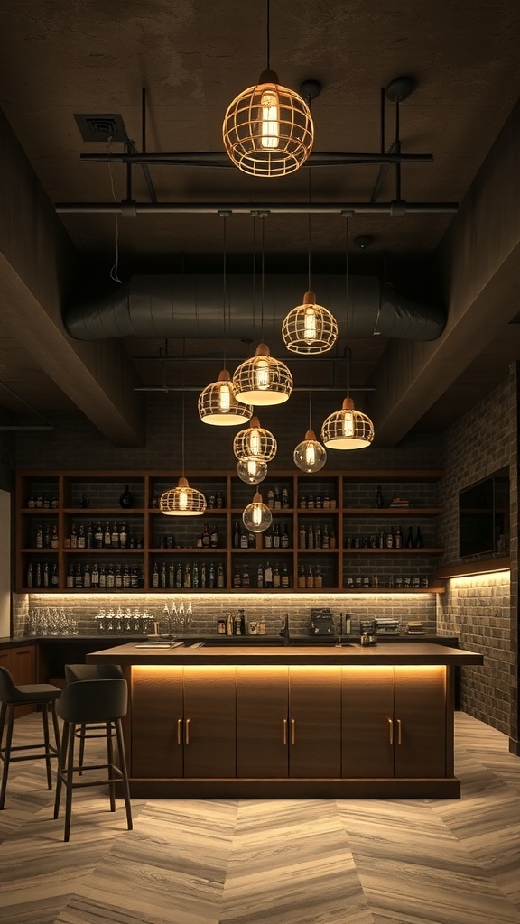 Stylish pendant lights hanging above a bar area in a basement