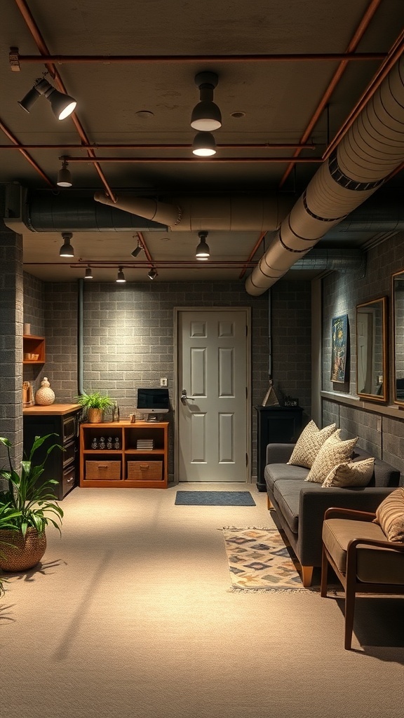 A well-lit basement with track lighting, a cozy sofa, and plants, showcasing multi-functional lighting options.