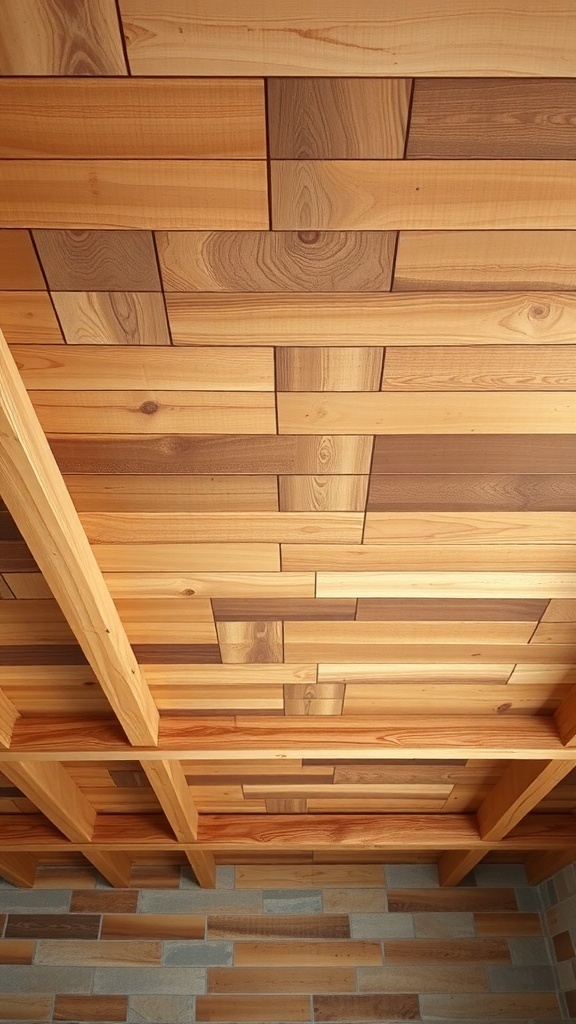 A ceiling made of reclaimed wood planks in various shades.