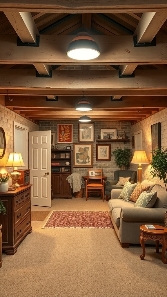 Cozy basement with exposed wooden joists and warm decor