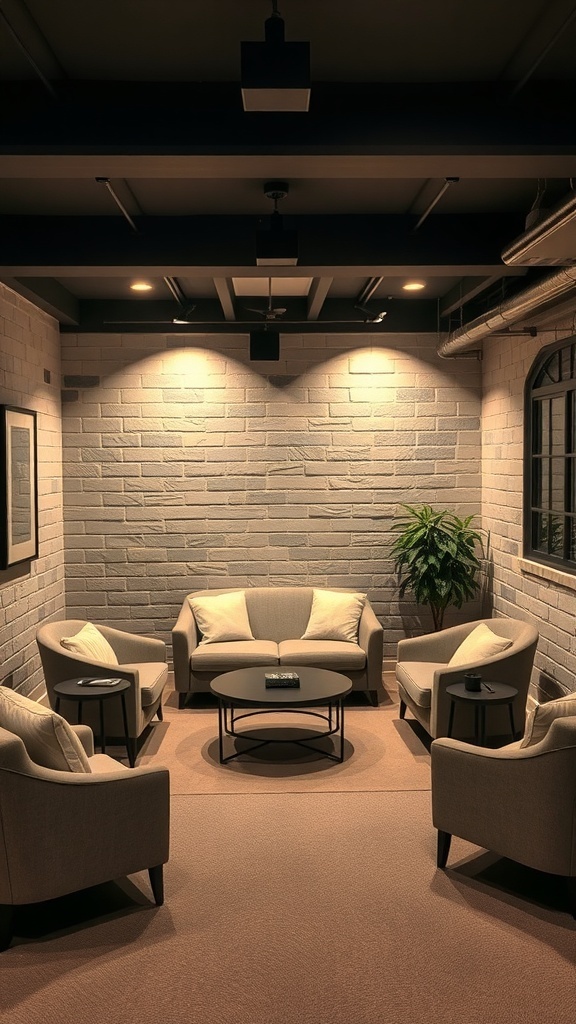 Cozy basement seating area with low-profile furniture and soft lighting