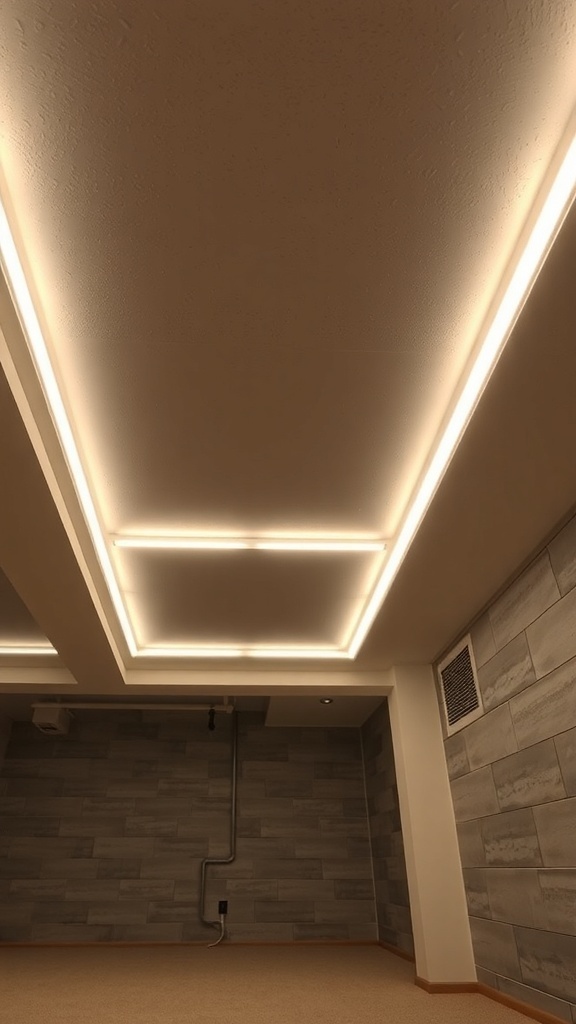 A basement ceiling with LED strip lighting creating a modern and inviting atmosphere.