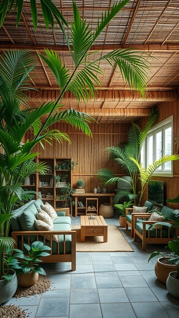 A cozy basement with bamboo ceiling, green plants, and wooden furniture.