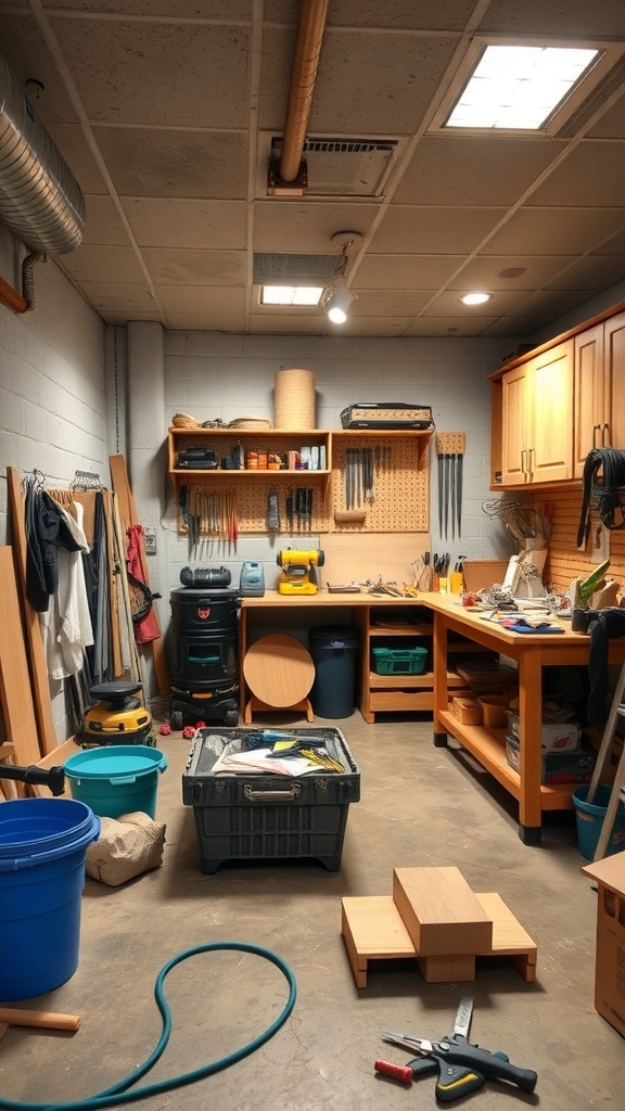 A cluttered DIY workshop area in a basement with tools, storage, and a workbench.