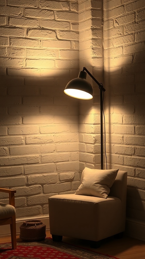 A stylish floor lamp illuminating a cozy corner with a textured wall and a small chair.