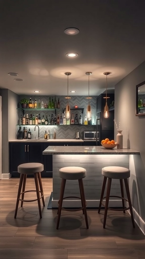 Stylish wet bar in a low ceiling basement with modern bar stools and warm lighting.