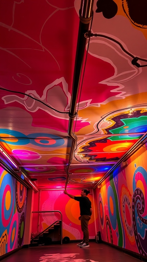 A colorful painted ceiling in a basement with vibrant patterns and lighting.