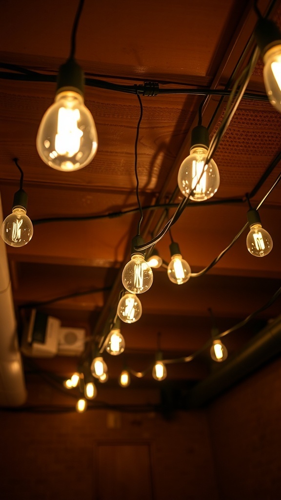Hanging string lights illuminating a basement ceiling