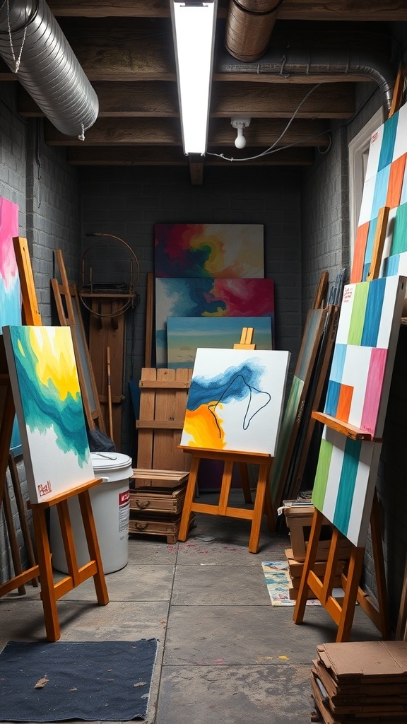 A creative studio space in a basement with easels and colorful paintings.