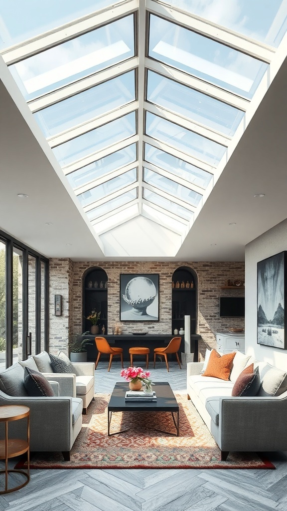 A contemporary basement with a glass ceiling, modern furniture, and stylish decor.