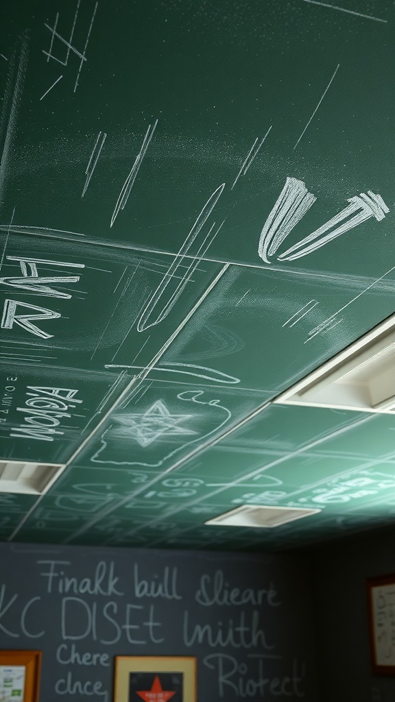 Chalkboard painted ceiling with doodles and writings