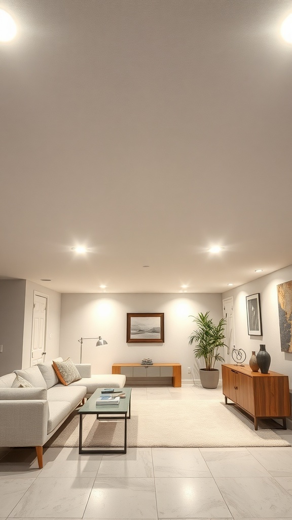 Modern basement with drywall ceiling and recessed lighting