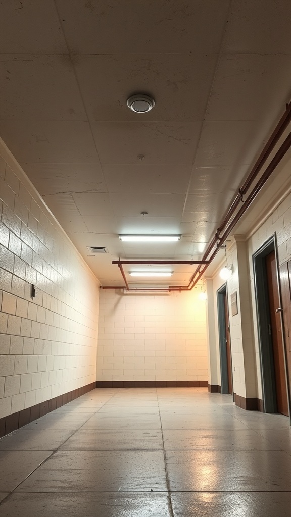 A bright hallway with light-colored walls and a low ceiling.
