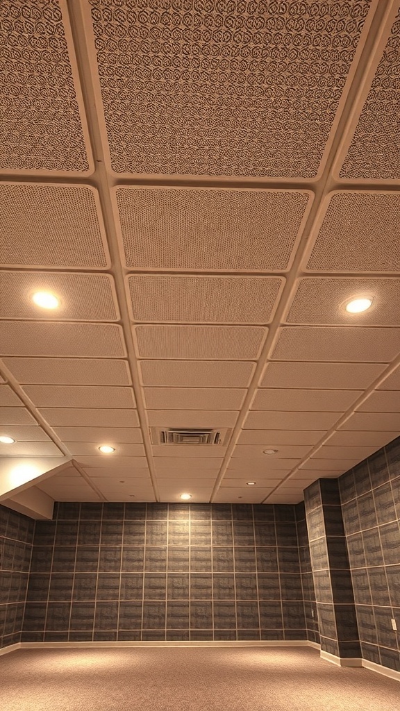 Ceiling with textured acoustic tiles in a basement