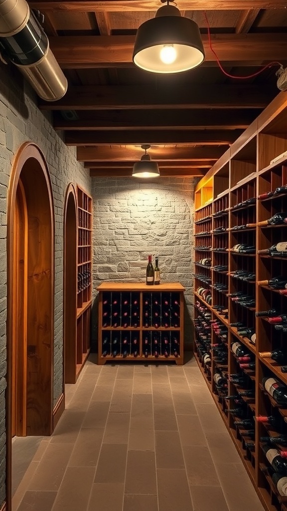 A vintage wine cellar with wooden racks and soft lighting, showcasing a collection of wine bottles.