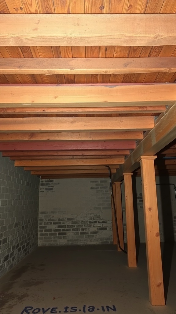 Exposed wooden beams in a basement ceiling