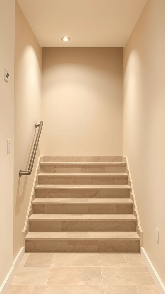 A set of beige basement stairs with neutral walls and soft lighting.