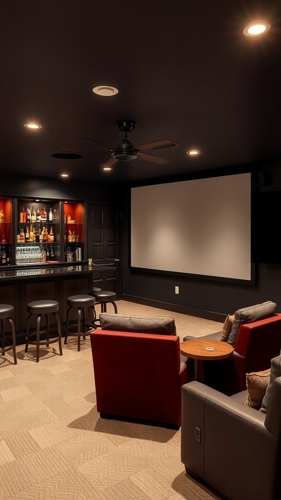 A cozy basement bar area with a TV and comfortable seating, perfect for a home theater experience.