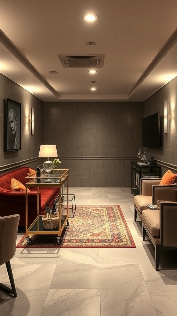 A sophisticated basement lounge area featuring a red sofa, elegant coffee table, and soft lighting.