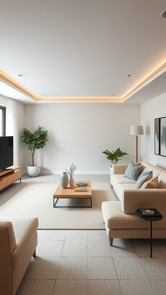 A modern minimalist basement living room featuring light-colored sofas, a wooden coffee table, and a potted plant.