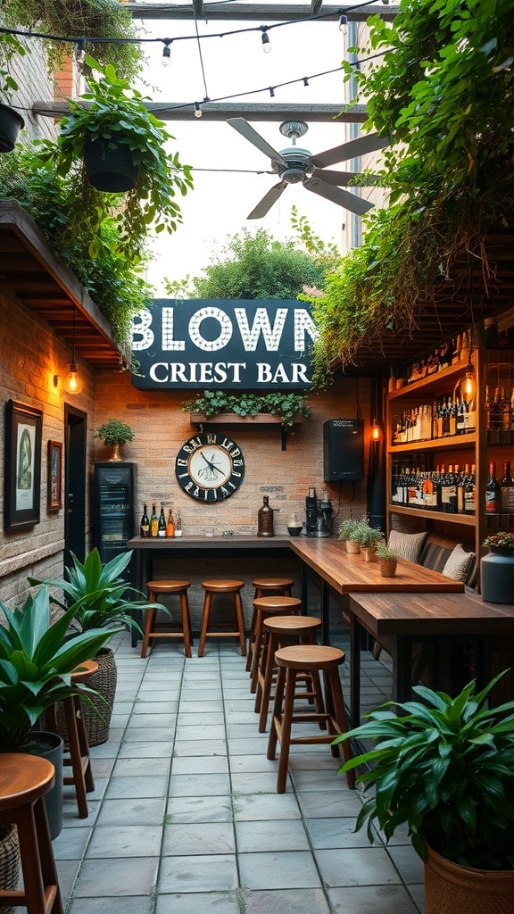 A stylish outdoor-style basement bar with greenery, wooden seating, and warm lighting.