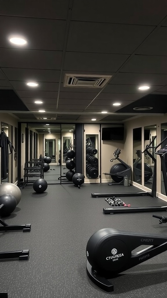A modern basement gym with various workout equipment including weights and exercise machines.