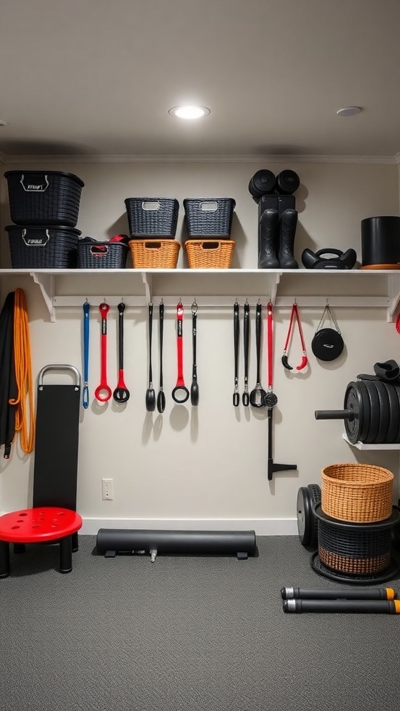 A well-organized basement gym with shelves, baskets, and workout equipment.