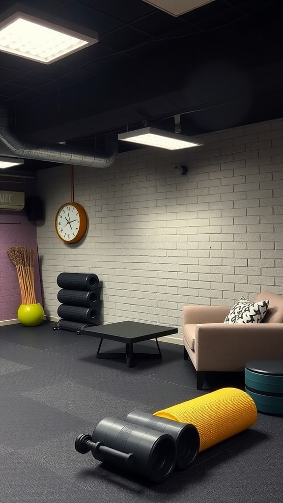 A cozy corner in a basement gym featuring a couch, coffee table, yoga mats, and foam rollers.