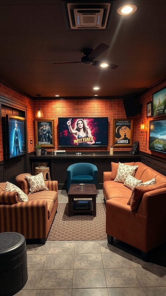 Cozy basement bar setup with a large TV and movie posters, featuring comfortable seating and warm lighting.