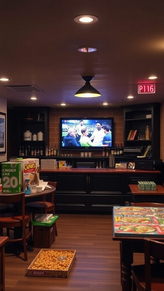 Cozy basement bar with a TV, games on tables, and snacks for family game night.