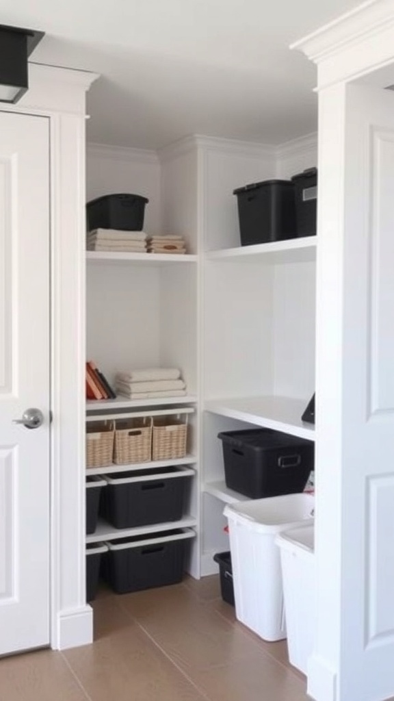 Organized basement storage with white shelves and black bins