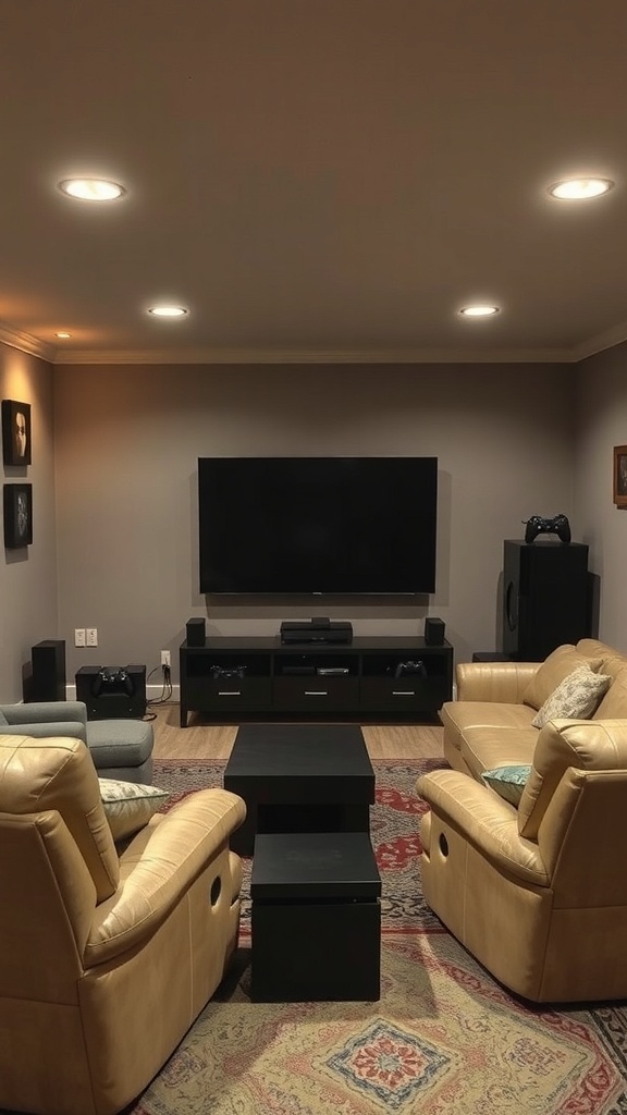 Cozy basement entertainment area with recliners, a TV, and a coffee table.