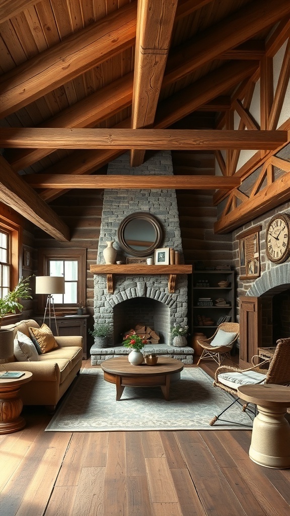 A rustic farmhouse living room featuring wooden beams, a stone fireplace, and cozy furniture.
