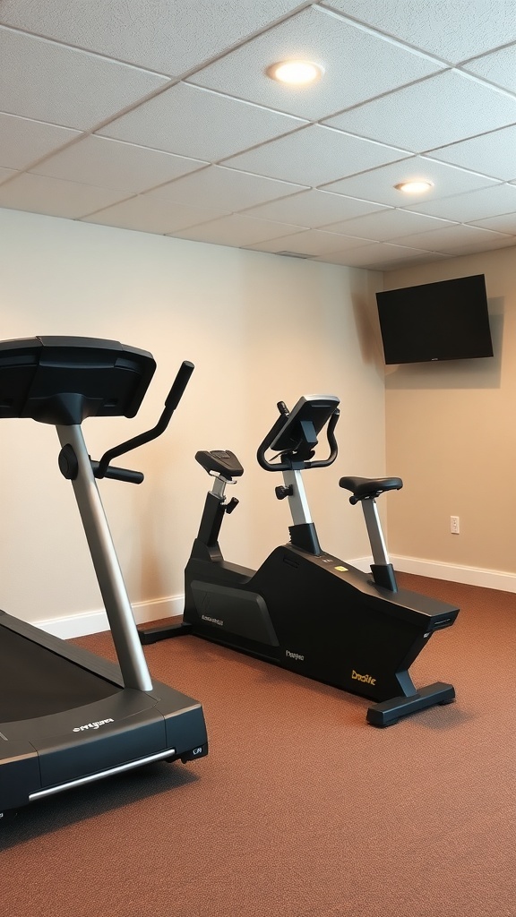 A basement gym featuring a treadmill and an elliptical machine with a TV on the wall.