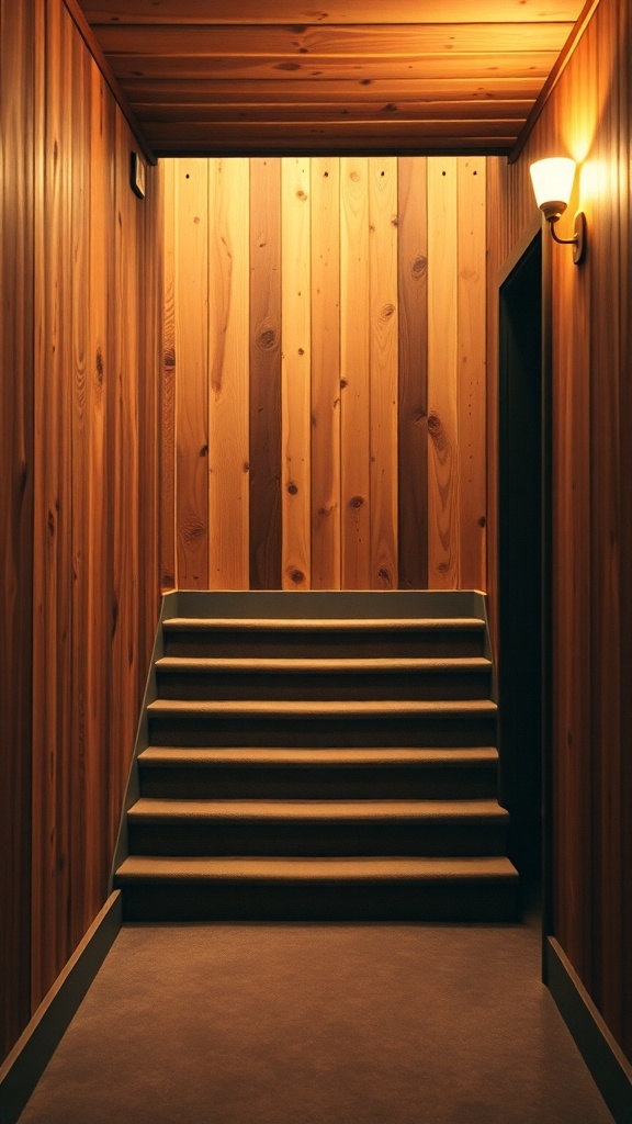 A cozy basement stairway with wooden walls and warm lighting.