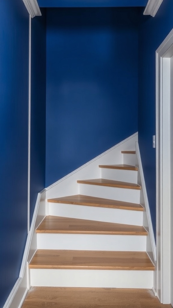 A staircase with bold blue walls and wooden steps