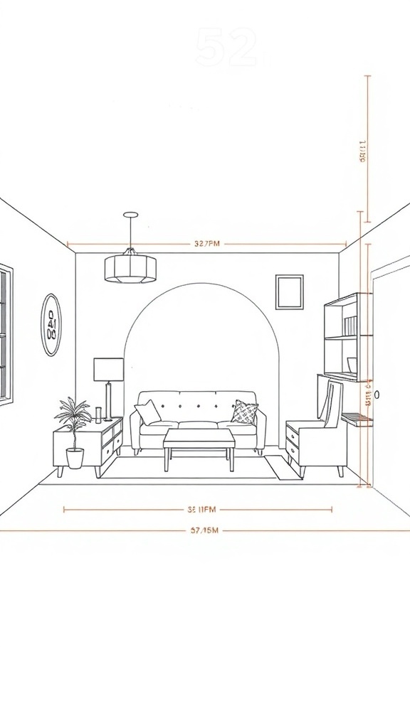 A layout design for a basement living area, featuring a sofa, coffee table, and side tables, with dimensions provided.