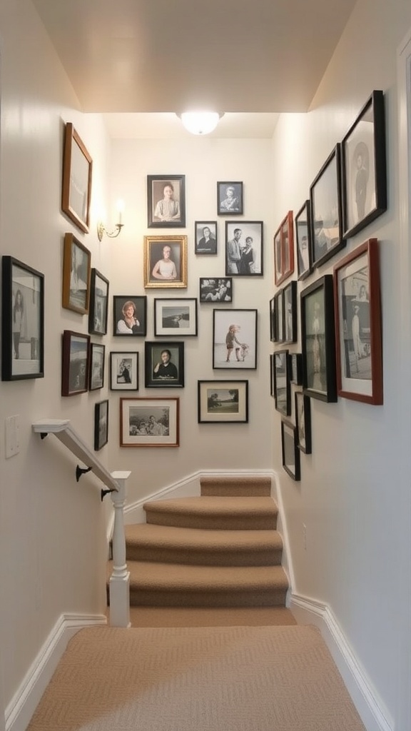 Gallery wall of family photos along basement stairs