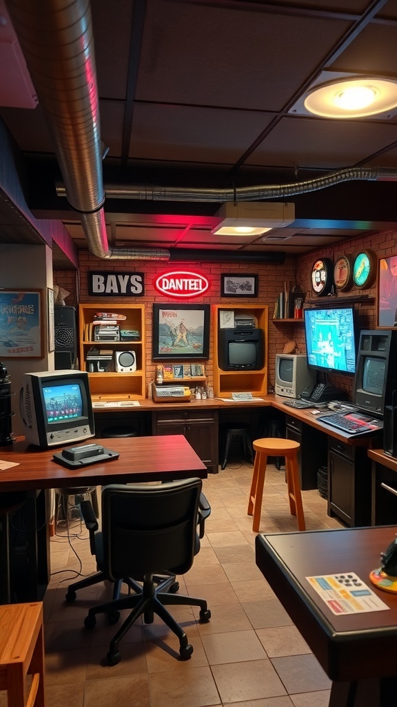 A cozy retro gaming lounge with vintage monitors, wooden furniture, and neon signs.