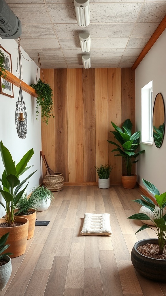 A bright basement gym with wooden walls and various plants in pots.