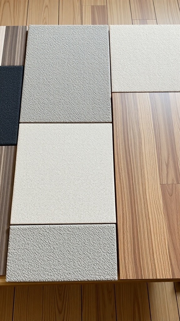 Various flooring samples for basement remodeling, showcasing different textures and colors.