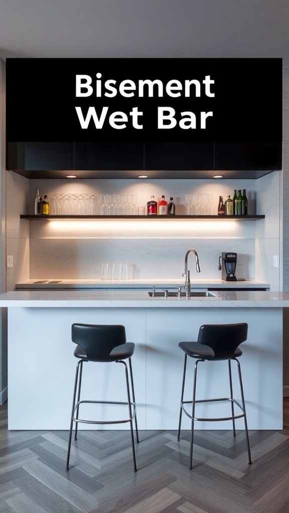 Modern basement wet bar with sleek design and bar stools