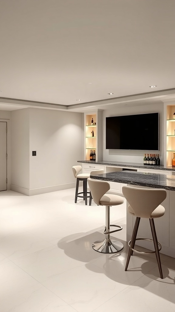 Modern basement bar with a TV, sleek design, and stylish seating.