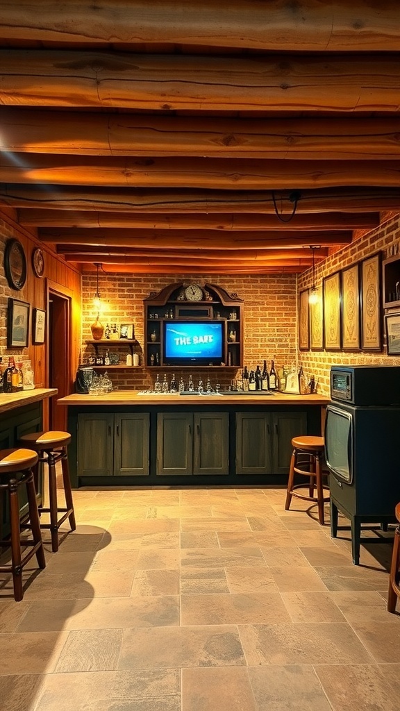 A rustic basement bar with wooden beams, exposed brick, dark green cabinetry, and a vintage television.