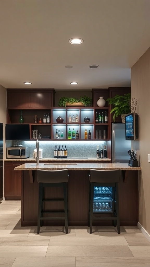 A modern basement bar with wooden cabinetry, illuminated shelves, and a sleek countertop.