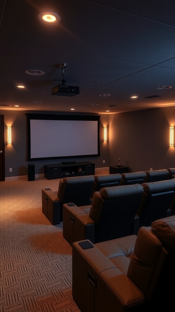 A cozy basement home theater with recliner seating and a large screen.