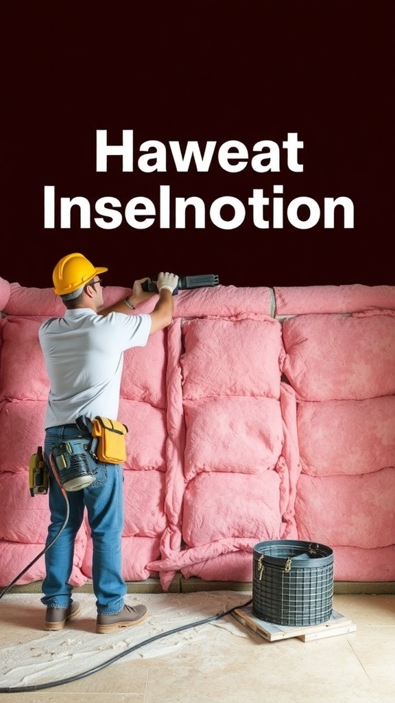 A worker installing pink insulation in a basement