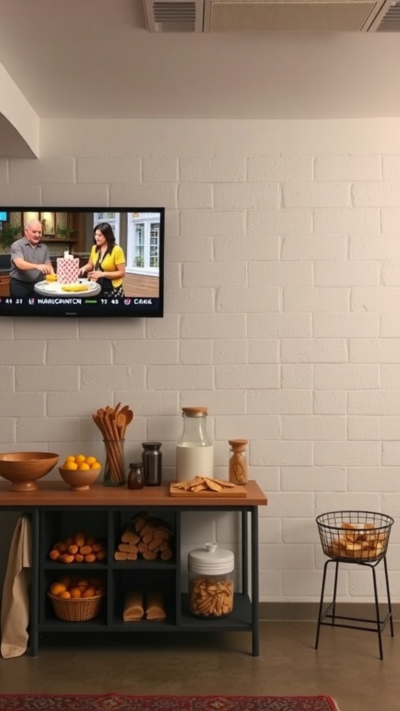 A cozy basement bar featuring a TV and a gourmet snack station with fruits and cookies.
