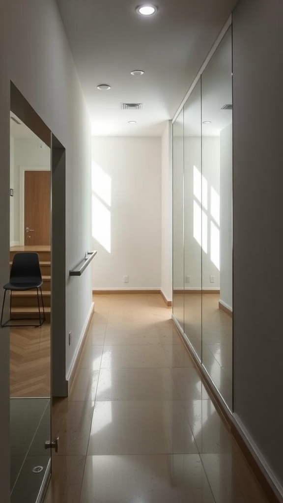 A hallway with mirrored wall panels reflecting light, creating an illusion of space.